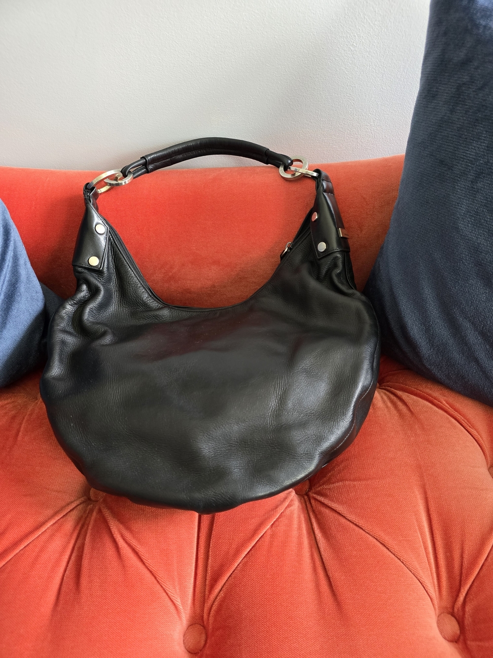 Perlina Black Leather Hobo with Metal Accents